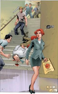 A redheaded woman walks away holding a "wet floor" caution sign. She is whistling. Behind her, a man has fallen down the steps to his death.