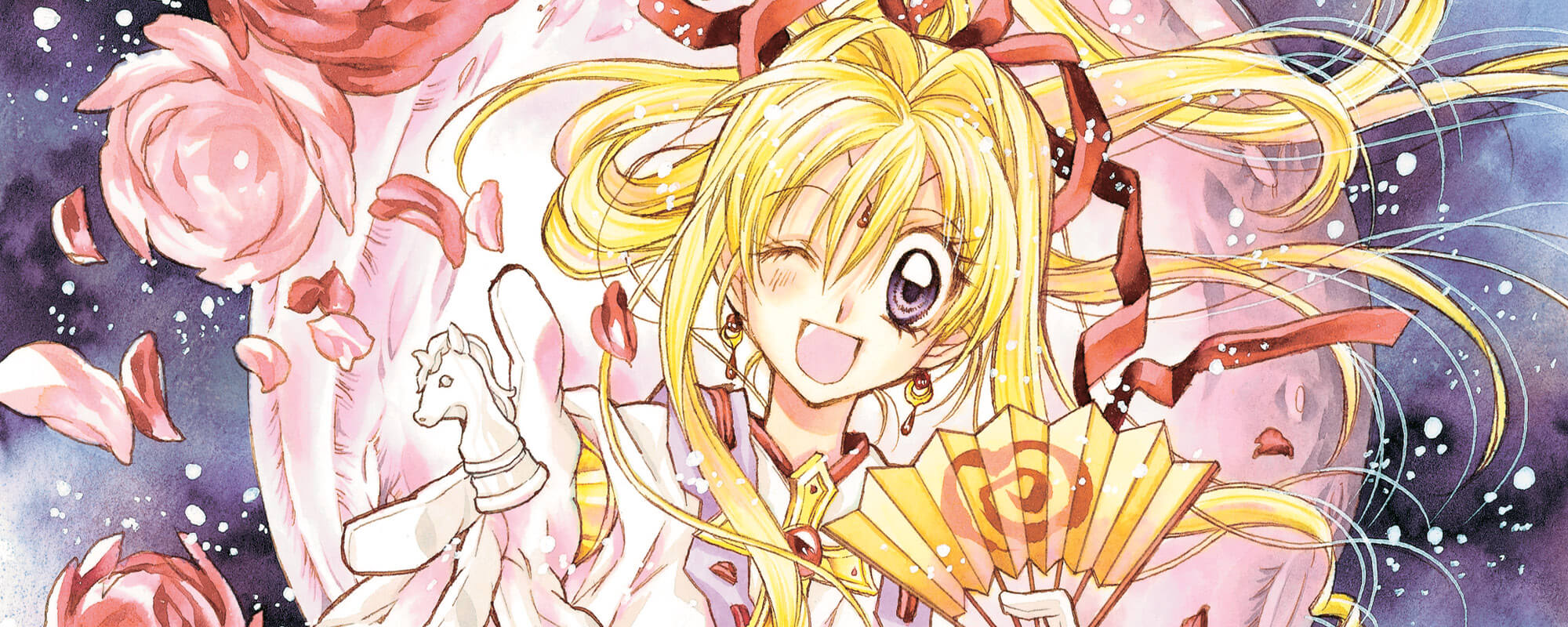 A blond girl winks, reaching out with a white knight chess piece in one hand and a fan in the other. Roses surround her and what appears to be a large moon is behind her