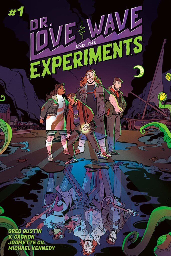 A group of four people stand together, surrounded by reaching tentacles. A puddle reflects an image of them as a spacey punk rock band