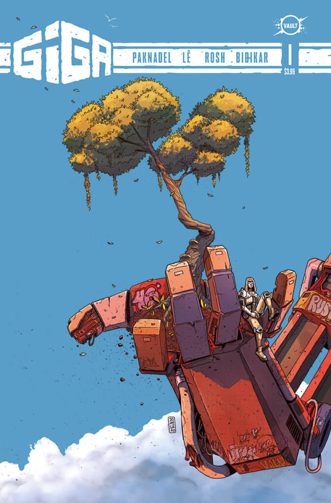 A giant robot arm up above the clouds with a tree growing out of the palm of the hand