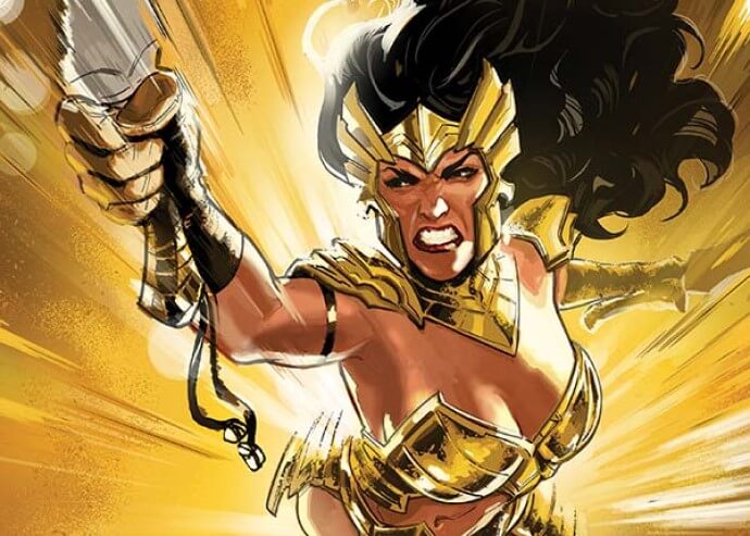 Dejah Thoris in gold armour, flying forward, sword outstretched, with an angry and determined look on her face