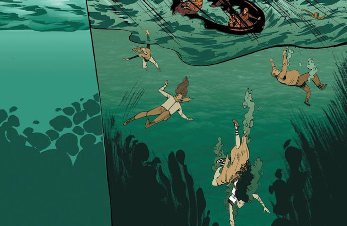 Image from Wonder Woman: Tempest Tossed by writer Laurie Halse Anderson, artist Leila del Duca, colorist Kelly Fitzpatrick, and letterer Saida Temofonte depicting Diana saving refugees