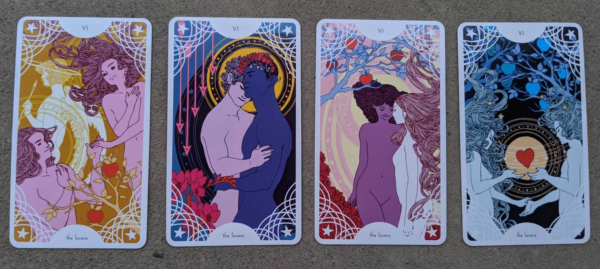 Four different Lovers cards from Trungles' Star Spinner Tarot, depicti...