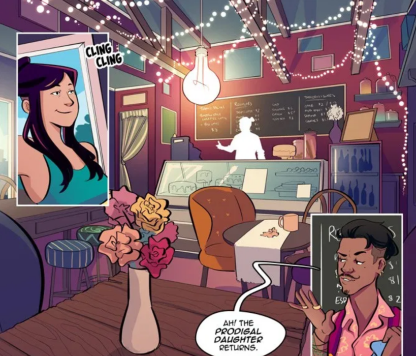 panels from chapter 3 page 2 of motherlover, showing the interior of a quirky cafe