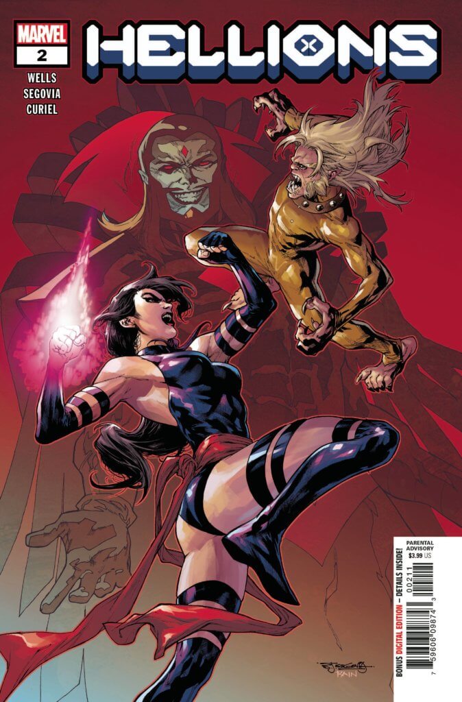 Psylocke fighting Wild Child with Sinister in the background - Hellions #2 Cover