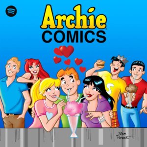 Archie Andrews, a redheaded teenager with freckles, sits surrounded by his friends. He's flanked by brunette Veronica Lodge - wearing a purple top - and Betty Cooper - a blonde with a pink top. The threesome slyly sip an ice cream soda surrounded by hearts. In the background stand their friends - redheads Cheryl and Jason Blossom, twins, he in a blue shirt and tan slacks, their expressions snarky. To their right is dark-haired Jughead Jones, wearing a yellow jersey and a crown atop his head, ready to bite into a hamburger, and beside him is Reggie Mantle, watching the scene in bemusement, wearing a red shirt and blue jeans. All of the characters are white. They sit before a blue backdrop, and before a silver metallic counterop. Above them is a yellow Archie Comics logo. 
