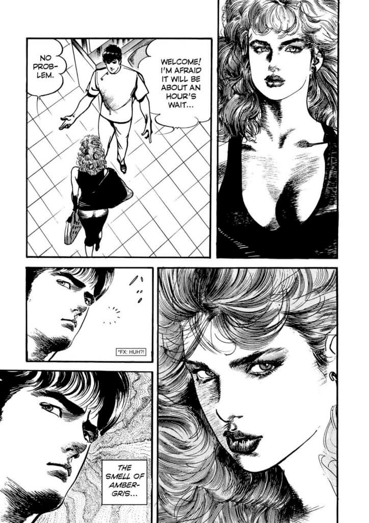 Page from Crying Freeman volume 3 (Dark Horse) omnibus, Ryoichi Ikegami & Kazuo Koike. A woman smelling of ambergris enters the salon, in five panels