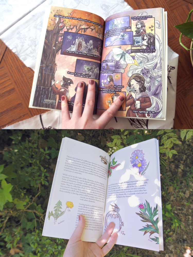 Two photos of hands holding previous Hazel issues. One features a comic where a spirit seems to embrace a human. The second shows various herbs.