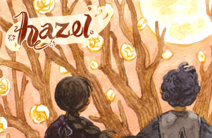 An illustration showing two figures with their backs toward the camera, looking toward trees and the sun. Text reads, "Hazel."