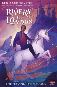 A Black man riding a unicorn