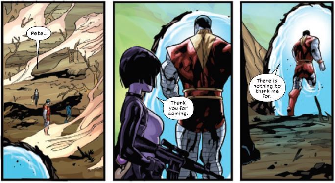 Colossus says there's nothing to thank him for. From X-Force 11, art by Bazaldua, writing by Benjamin Percy.