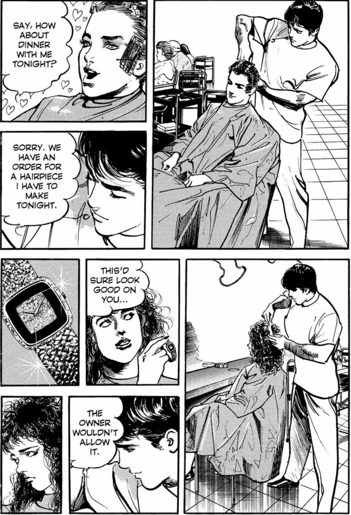 Page from Crying Freeman volume 3 (Dark Horse) omnibus, Ryoichi Ikegami & Kazuo Koike. Clients of teh salon try to entive Ryo into dating them, in eight panels