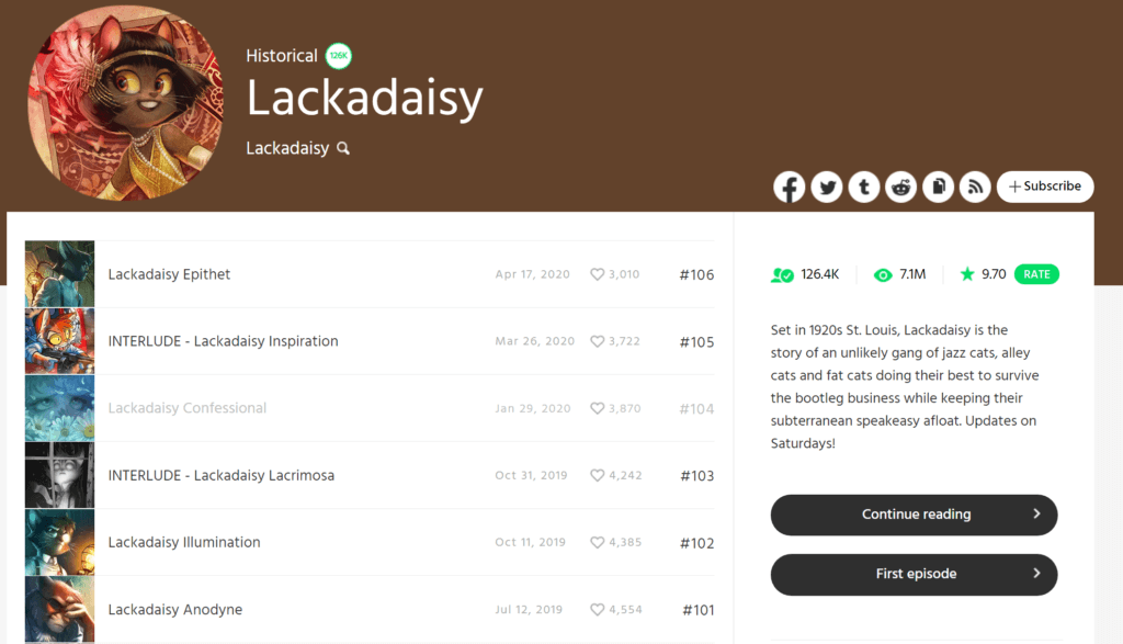 Screenshot of Lackadaisy's Webtoon page.