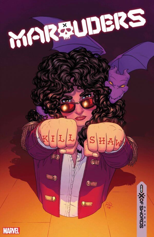 A very curly-haired Kate Pryde phases through the floor. Lockheed, her dragon, is coiled around her shoulders, and the words "KILL SHAW" are tattooed on her knuckles