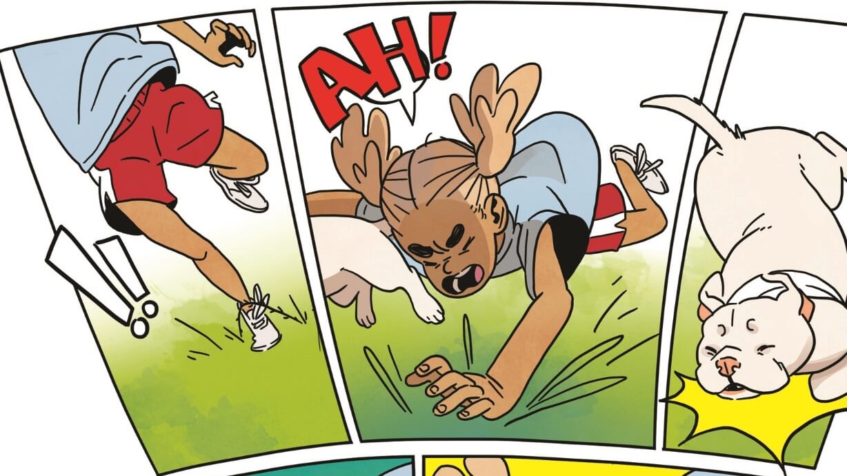 Interior panel from Snapdragon by Kate Leyh; three panels depict Snapdragon, a brown-skinned girl with blonde pigtails, tripping in the grass while running after her dog.
