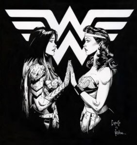 Modern Wonder Woman touching hands to Golden Age Wonder Woman