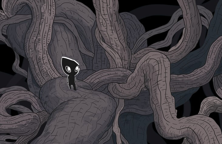 A little black humanoid person stands among twisting vines