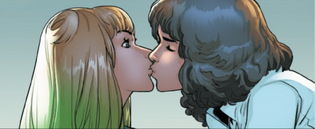 Kate's first on page kiss with a lady in Marauders #12
