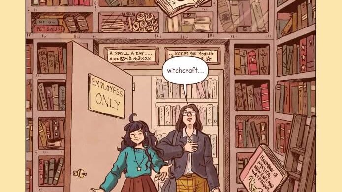 A girl walks into a library-like room, showing a woman in through the door towards the foreground. Books are in boxes on the floor and other books are floating mid-air. The woman looks up at the room and says, "Witchcraft..."