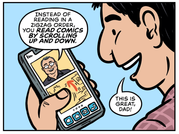 panels from "what is tinyview" showing the creators demonstrating the concept of mobile comics.