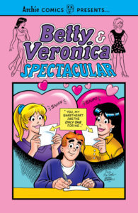 Archie Andrews, a redheaded teenager with black eyebrows and freckles wearing a purple sweater, sits at a yellow desk composing a love letter. Against an aqua background and behind him, Veronica Lodge -a brunette teenager in a yellow sweater, and Betty cooper - a blonde teenager in a purple sweater with a blue hairtie - simultaneously sniff at the same note, and Archie's melodramatic words, related in a yellow bubble. The rest of the cover is pale pink, with a blue header and purple writing