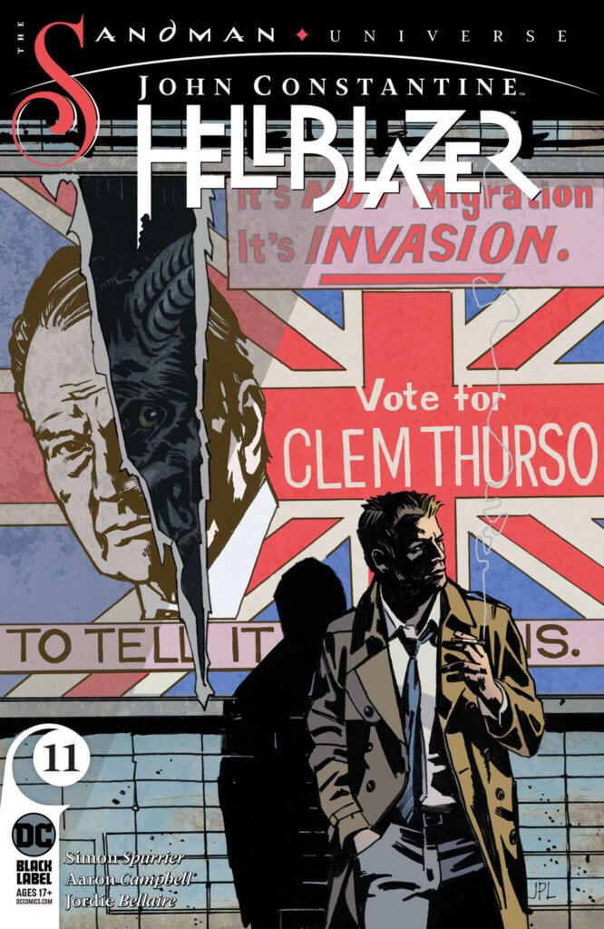 John in front of a Political Poster cover of Hellblazer #11 by Leon