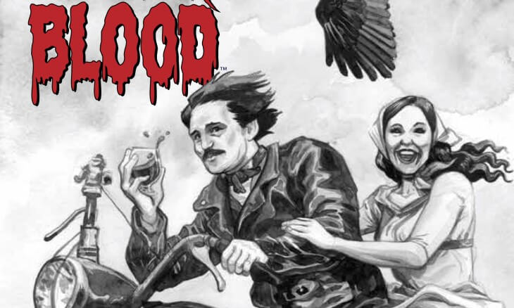 Edgar Allan Poe rides a motorcycle with a woman behind him and a raven flying above