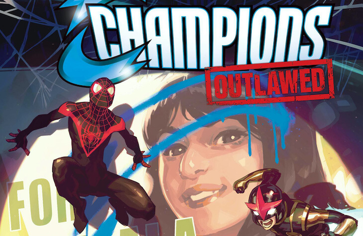 Section of Toni Infante’s cover for Champions #1 by writer Eve L. Ewing, artist Simone Di Meo, colorist Federico Blee, and letterer Clayton Cowles