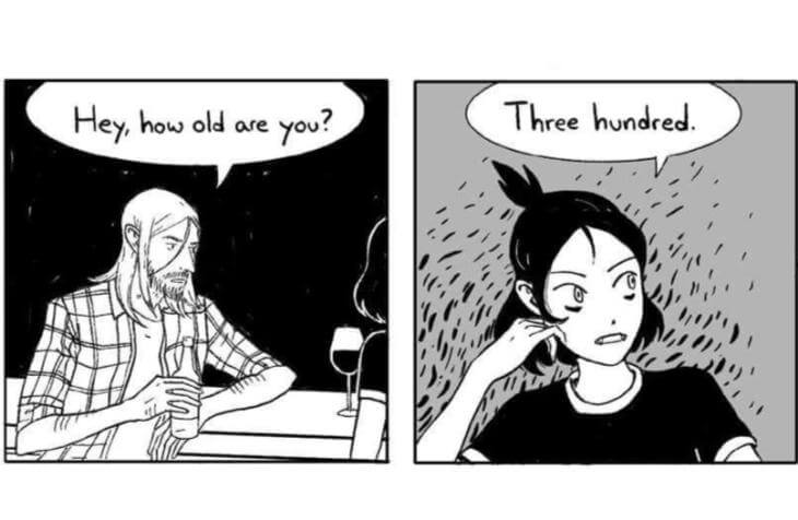 in two panels from Fangs by Sarah Andersen, the main characters meet.