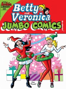Betty Cooper, a blonde teenager in a white scoop-neck sweater and red tights hula hoops a Christmas wreath as she wears a green santa claus hat. Beside her is Veronica Lodge, a brunette wearing a red sweater, red santa hat and green tights with black boots, also hula hooping. Behind them is a pink Christmas tree.