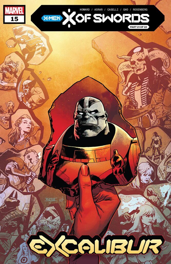 Excalibur #15 cover by Yu, a shattered puzzle of the sword bearers with Apocalypse at center