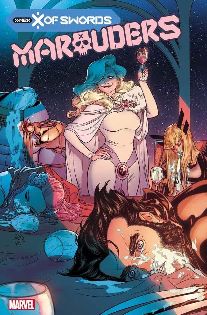 Saturnyne smiles and raises her glass above Magik, who is slumped in a chair with white vomit dripping from her mouth in Marauders #15