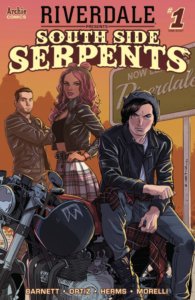 Main cover art for South Side Serpents #1 Features Jughead - a moody brunet teenager in a blue fool's cap and black leather jacket and jeans - sits on a motorcycle. Behind him is Toni Topaz - a Black teenager with purple hair, black leather jacket and plaid skirt - and behind them both in the background is FP Jones, a white man with a jar haircut, who watches them warily. The sky is a smoggy orange-yellow, and directly behind them is a green Welcome to Riverdale highway sign