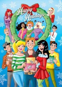 A colorful Christmas drawing on a green backdrop shows Josie and the Pussycats - three teenage singers, a redhead, Black girl and blonde - singing in the center of a Christmas wreathe. Dilton and Cheryl Blossom - a redhead and a dark-haired nerd - hold the wreath in place. Front and center are Betty Cooper, Archie Andrews and Veronica Lodge - a blonde teenager, a redheaded teenager and a brunette - all in christmas finery holding gifts. They are flanked by Reggie Mantle and Jughead Jones, who bear food.