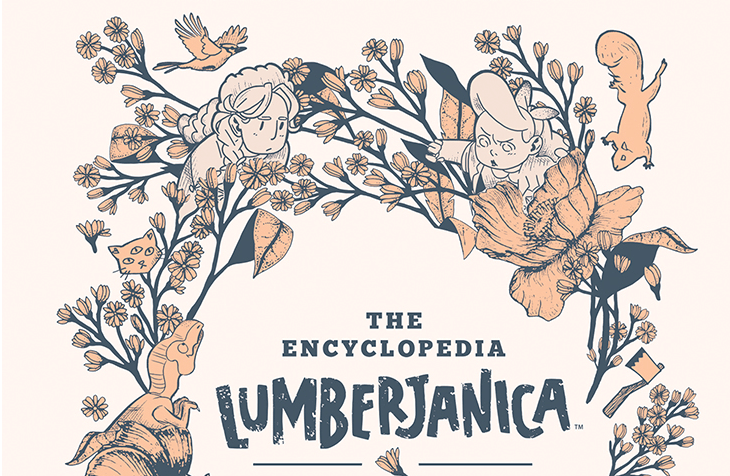 The Cover to the Encyclopedia Lumberjanica, featuring flowers, animals, and several of the volume's characters in a wreath shape