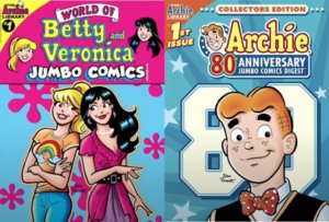 Cover Photos of World of Betty and Veronica Jumbo Digest and Archie's 80th anniversary Jumbo Comics Digest. The former features Betty Cooper and Veronica Lodge, a young blonde teenager and her brunette friend, standing back to back, Betty dressed as a tomboy and Veronica in a glamorous purple gown. The Archie digest features a close-up on redheaded teenager Archie Andrews ,who smiles at the reader from before a a blue-lined image of the number 80.