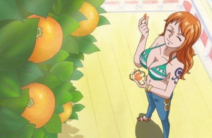 Nami from One Piece eats tangerines from a tangerine tree