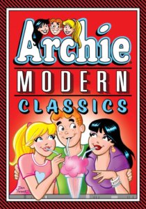 Betty Cooper, a blonde, white teenager in a pink teeshirt with her hair tied back with a pink elastic - sips from an ice cream soda while looking lovingly at the boy next to her, Archie Andrews. Redheaded, blue-eyed Archie wears a green football jersey with white letters on it. Beside him is white veronica lodge with black hair and a purple blouse, as well as golden earrings. they look at each other coyly before a red background and sip their pink ice cream soda.