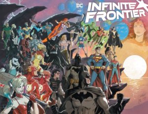 Pretty much all the heroes of the DC Universe in front of the dawn