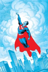 Superman flying, in only shades of red blue and black