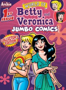 Veronica Lodge, a brunette, white teenager with a pearl necklace in a green dress, leans against Betty cooper, a blonde white teenager with a ponytail wearing a mustard-colored teeshirt with a rainbow graphic on it and jeans. They stand before a purple-gradient background spangled with 60s-style flowers.
