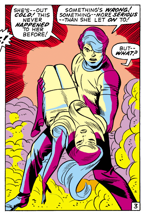 Johnny Storm holds an unconscious Crystal. From Fantastic Four v1 #105 Writer:Stan Lee Inker:John Verpoorten Letterer:Art Simek Penciler:John Romita Sr.