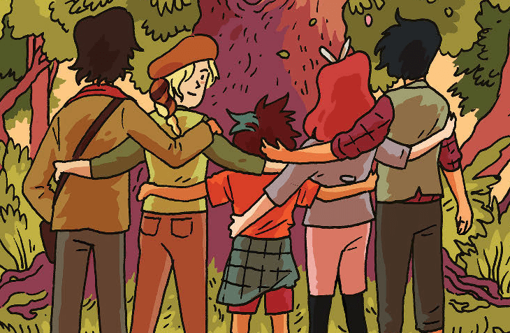 The lumberjanes embrace in a line, facning the woods - all except for blond-haire dMolly, who looks over her shoulder back at the audience. The woods are aflame with autumn colors