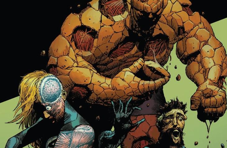 The Thing, Ben Grim - his orange skin peeling away to show the mucles inside - stands before a mouldering and screaming reed richards. beside them is a blonde Sue storm, her body half-visible. In the extreme left foreground is Johnny Storm, flames emerging from his mouth and nose, screaming in apparent agony