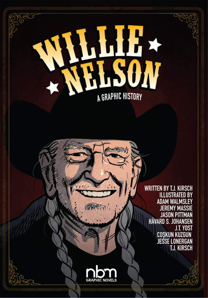 Willie Nelson - a grey-haired musician with long braids and a black cowboy hat - smiles out from a maroon background