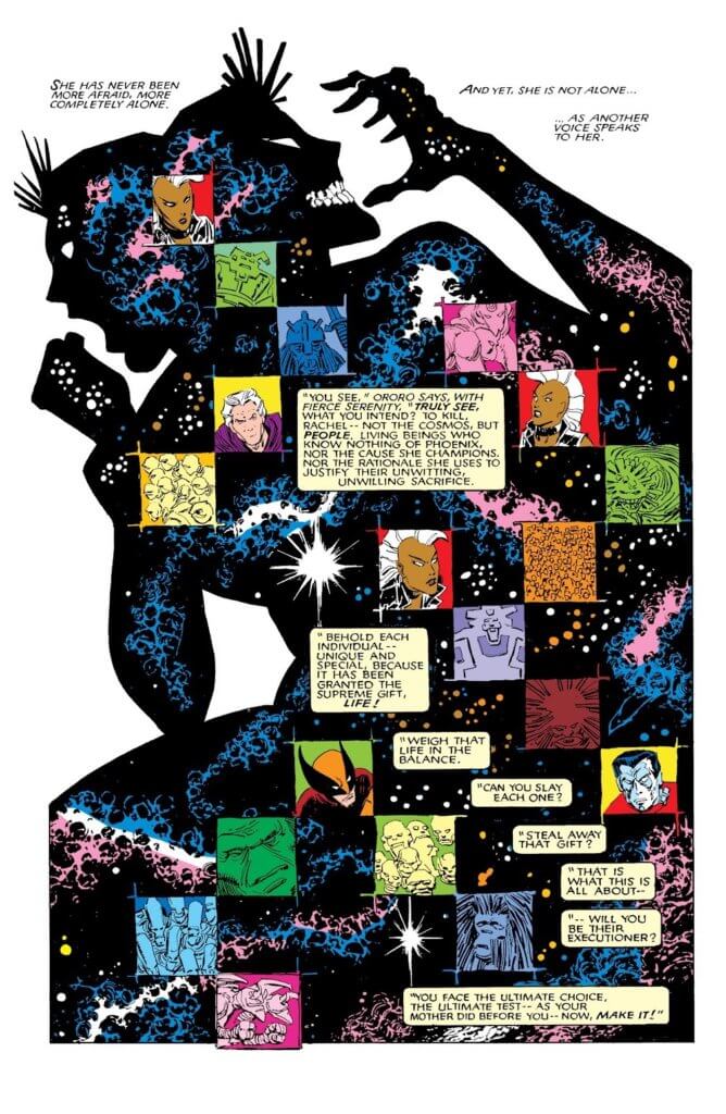 Page from Uncanny X-Men #203 by Chris Claremont, John Romita Jr., Al Williamson, Glynis Oliver, and Tom Orzechowski depicting Storm reasoning with Phoenix