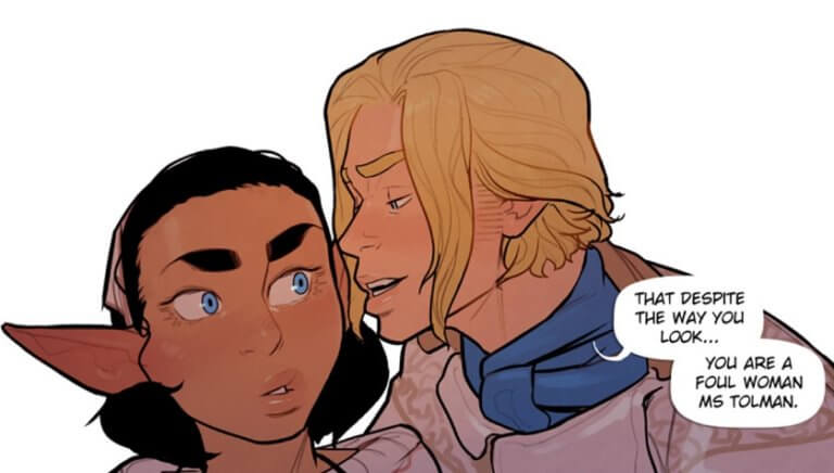 Alfie, a halfling, is being told, "That despite the way you look, you are a foul woman, Ms. Tolman," in an extremely flirtatious way by Marco, a blonde guard. Alfie, InCase, 2018