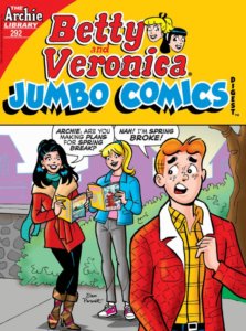 dark-haired teenager Veronica Lodge, wearing a red jacket, black tight and blue scarf - enthusiastically combs over a class catalog beside the pink-teeshirted and blue-coated Betty cooper, a blonde teenager also wearing grey pants. Archie Andrews - a redheadwith a red jacket and yellow shirt, nervously stands in the foreground. Veronica asks Archie what he's going to do for his spring break, but he admits he's spring broke.
