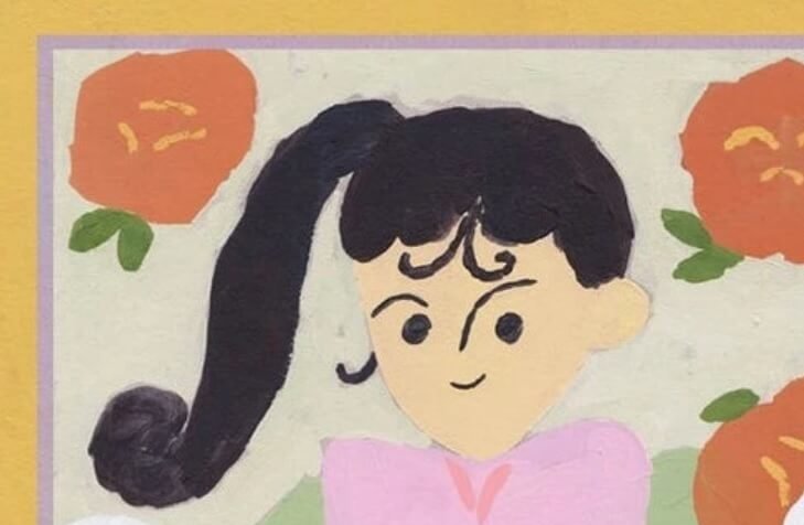 A simple painting of a girl with a high ponytail, surrounded by flowers.Cover of "Pipette and Dudley Charming Dog Adventure Comics," by Charlotte Mei. ShortBox, May 2020