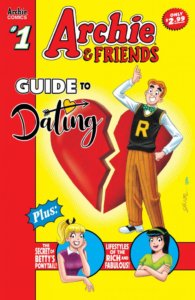 Archie andrews stands before a large red heart split in half, while below him blurbs promise the secret to Betty's ponytail and Veronica's largesse. Archie & Friends Guide to Dating #1